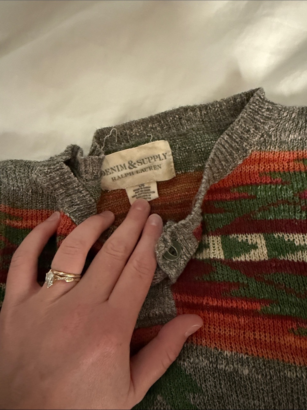 Denim & Supply Ralph Lauren Gray Knit Pullover with Green & Orange Pattern - Picture 2 of 4